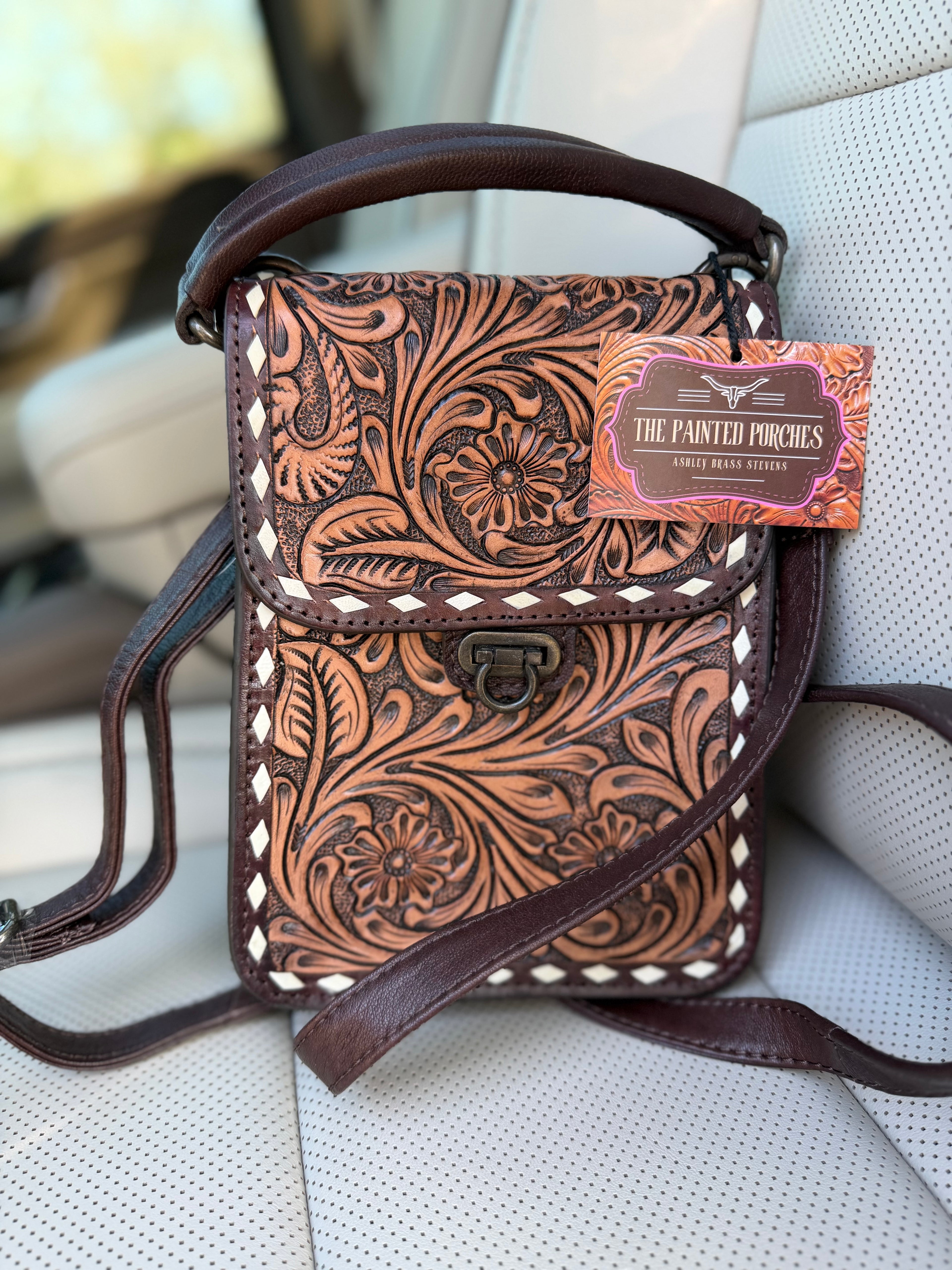 “Petunia” Tooled leather sling purse - by the Painted Porches