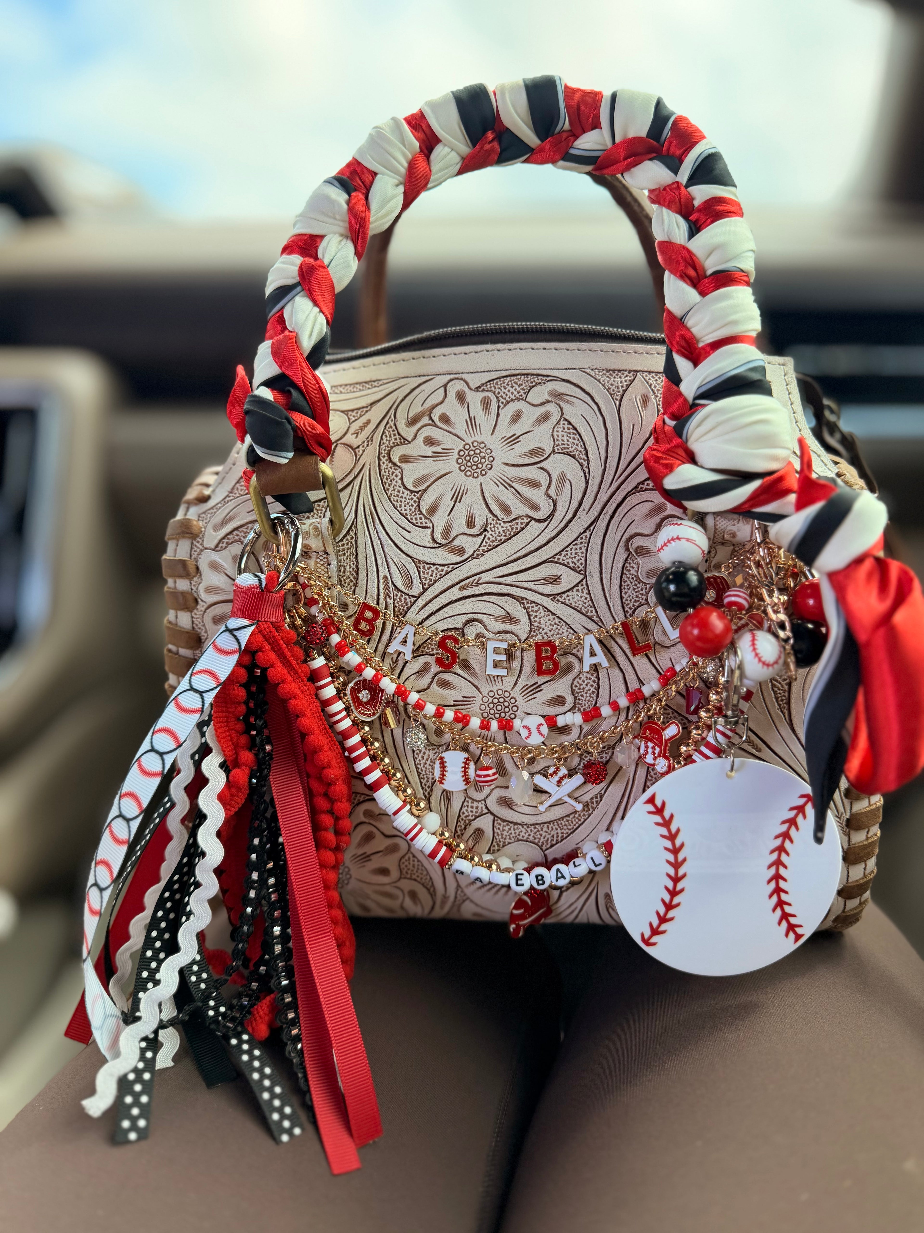 “ Baseball Meets Western”- white/cream tooled leather speedy (M)