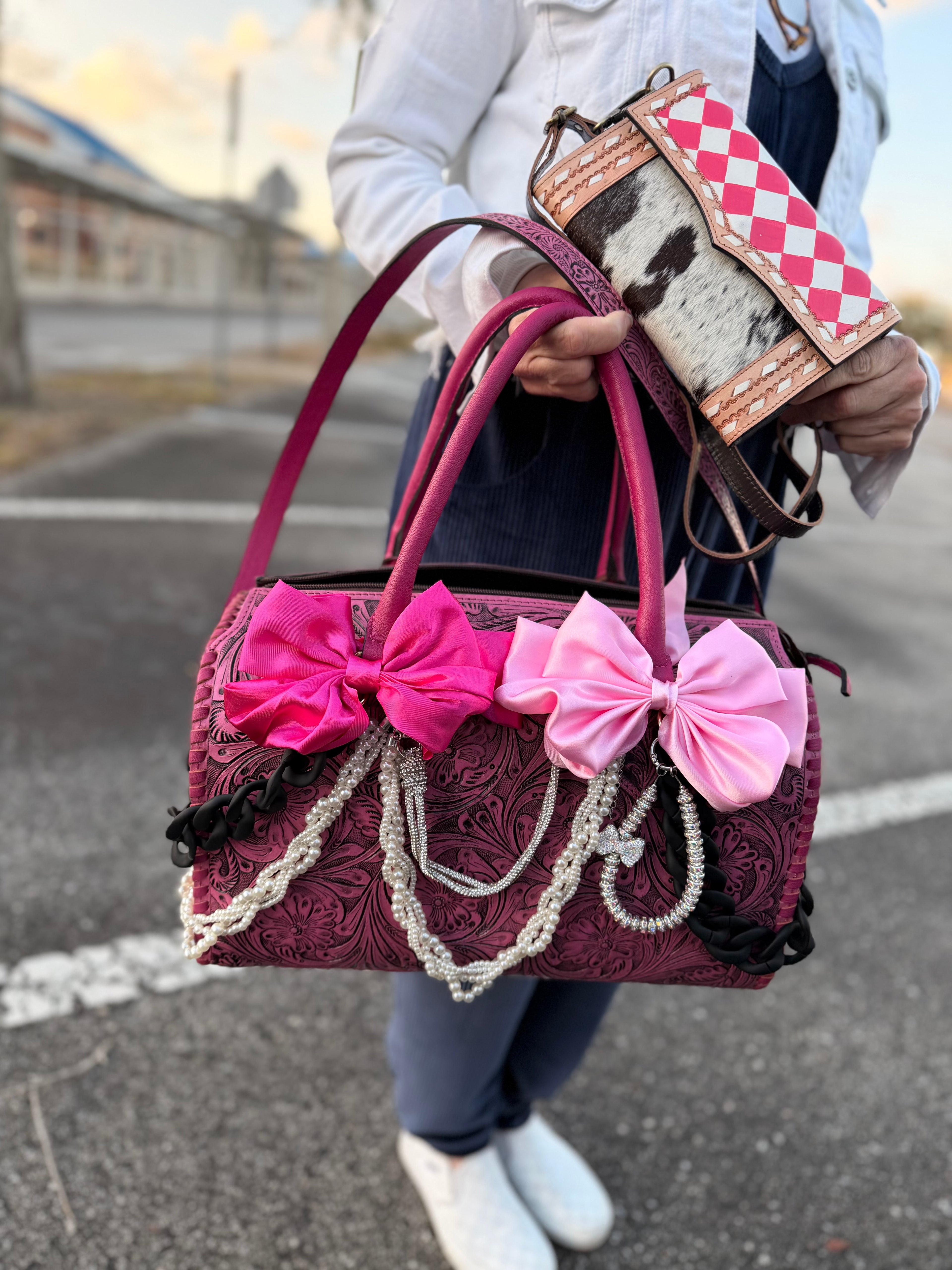 "Pink Prairie”- pink tooled leather speedy Duffle