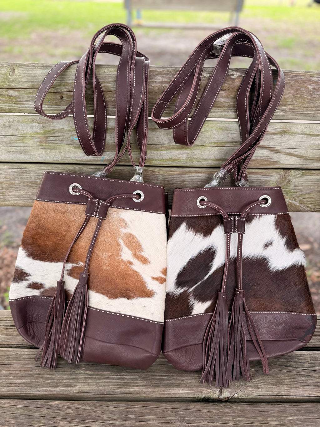 Bucket bag cowhide and leather
