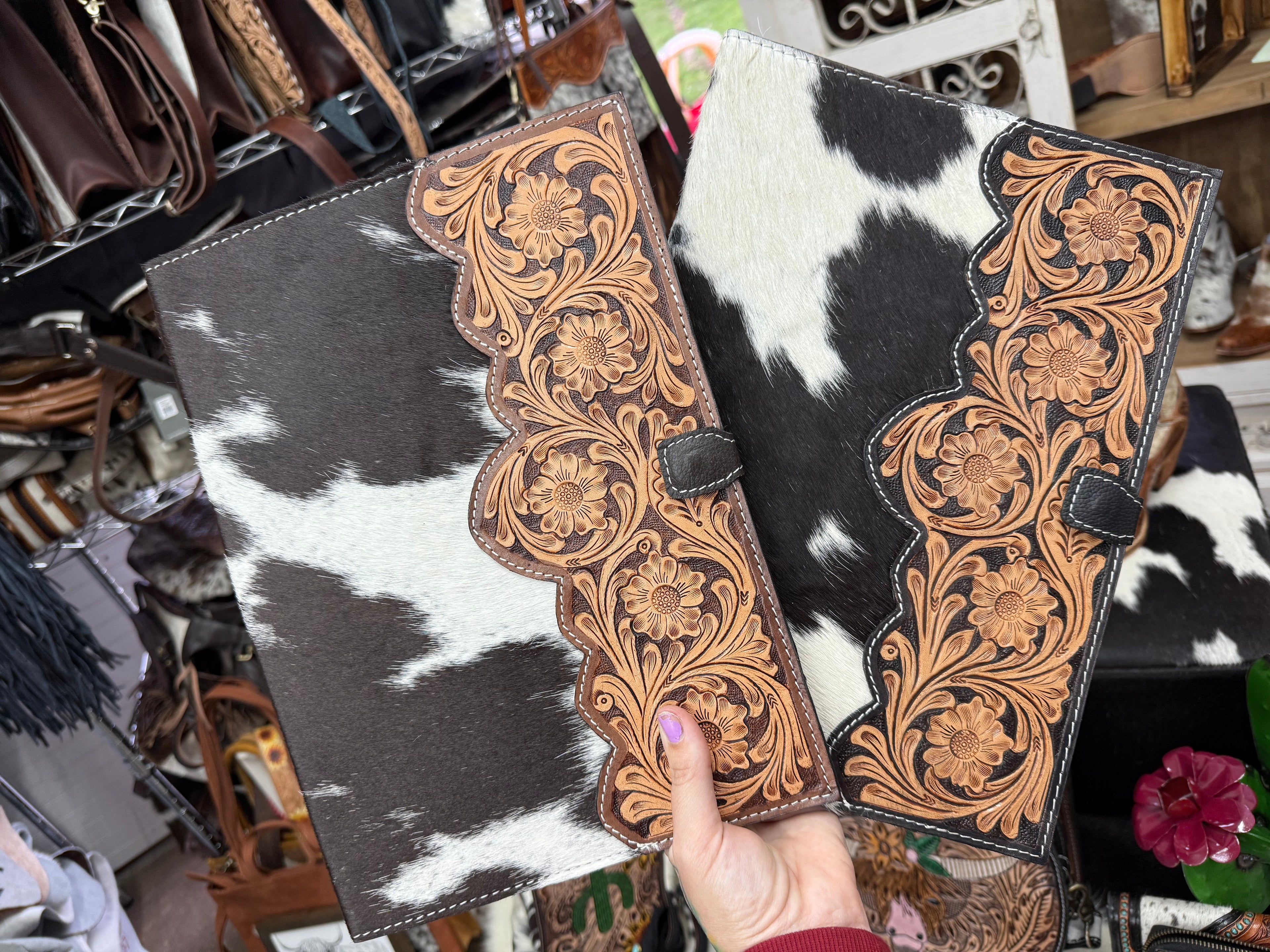 Cowhide and tooled leather notebook portfolio cover