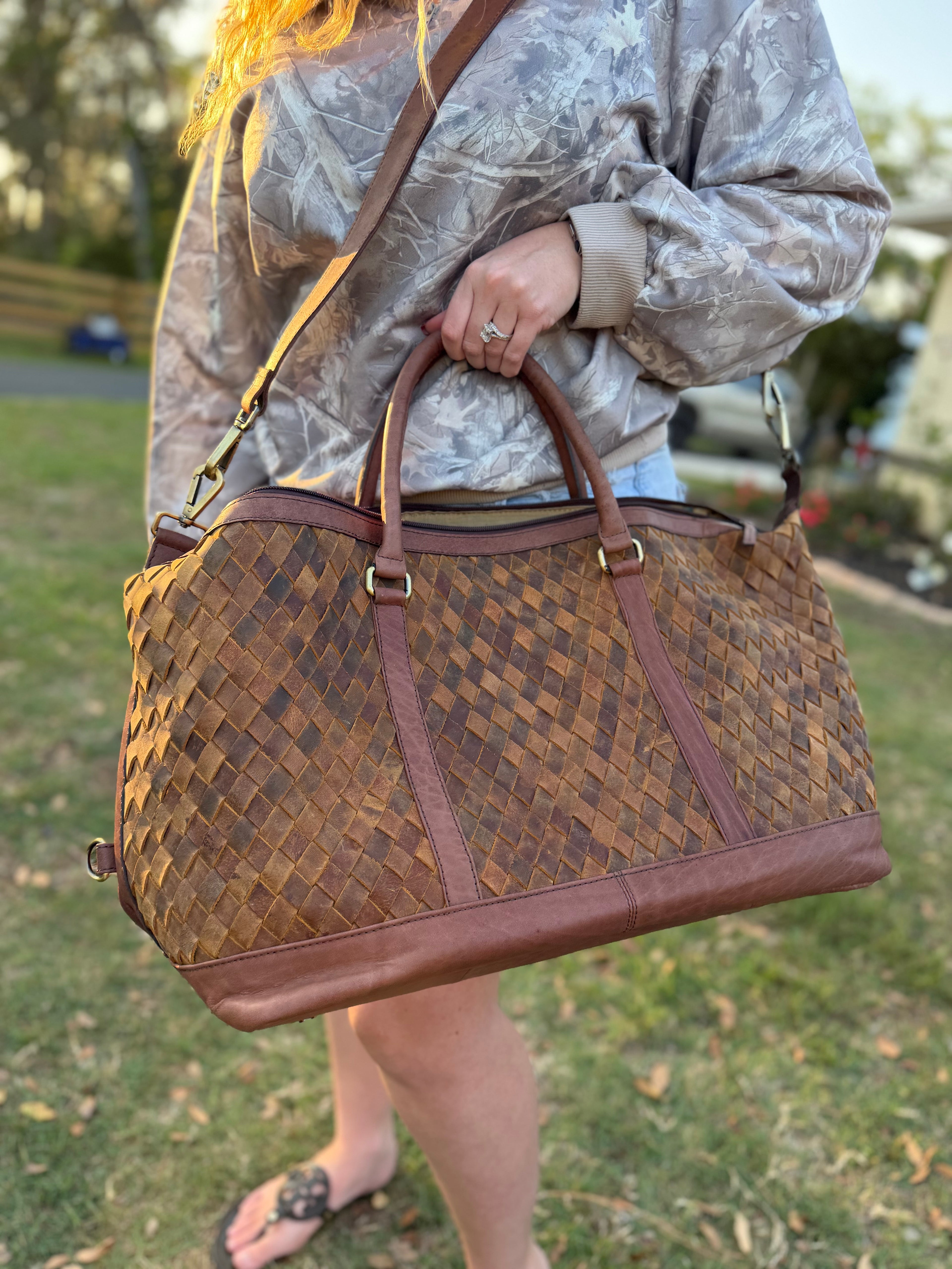 Brown leather woven duffle