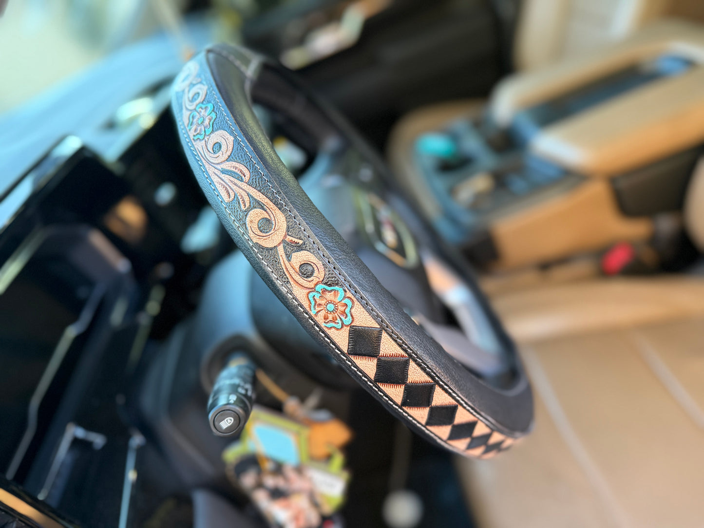 16 “ tooled leather floral checker steering wheel cover - read description before purchase