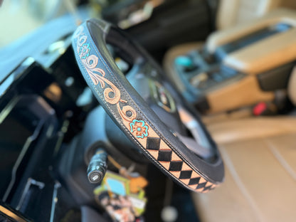 16 “ tooled leather floral checker steering wheel cover - read description before purchase