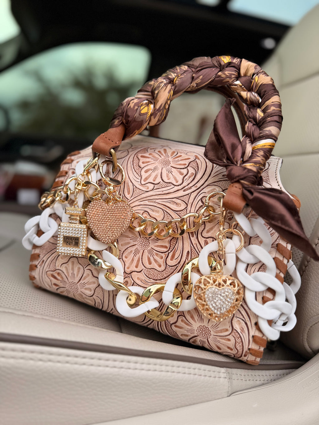 “ The Golden Cowgirl”- white/cream tooled leather speedy (M)