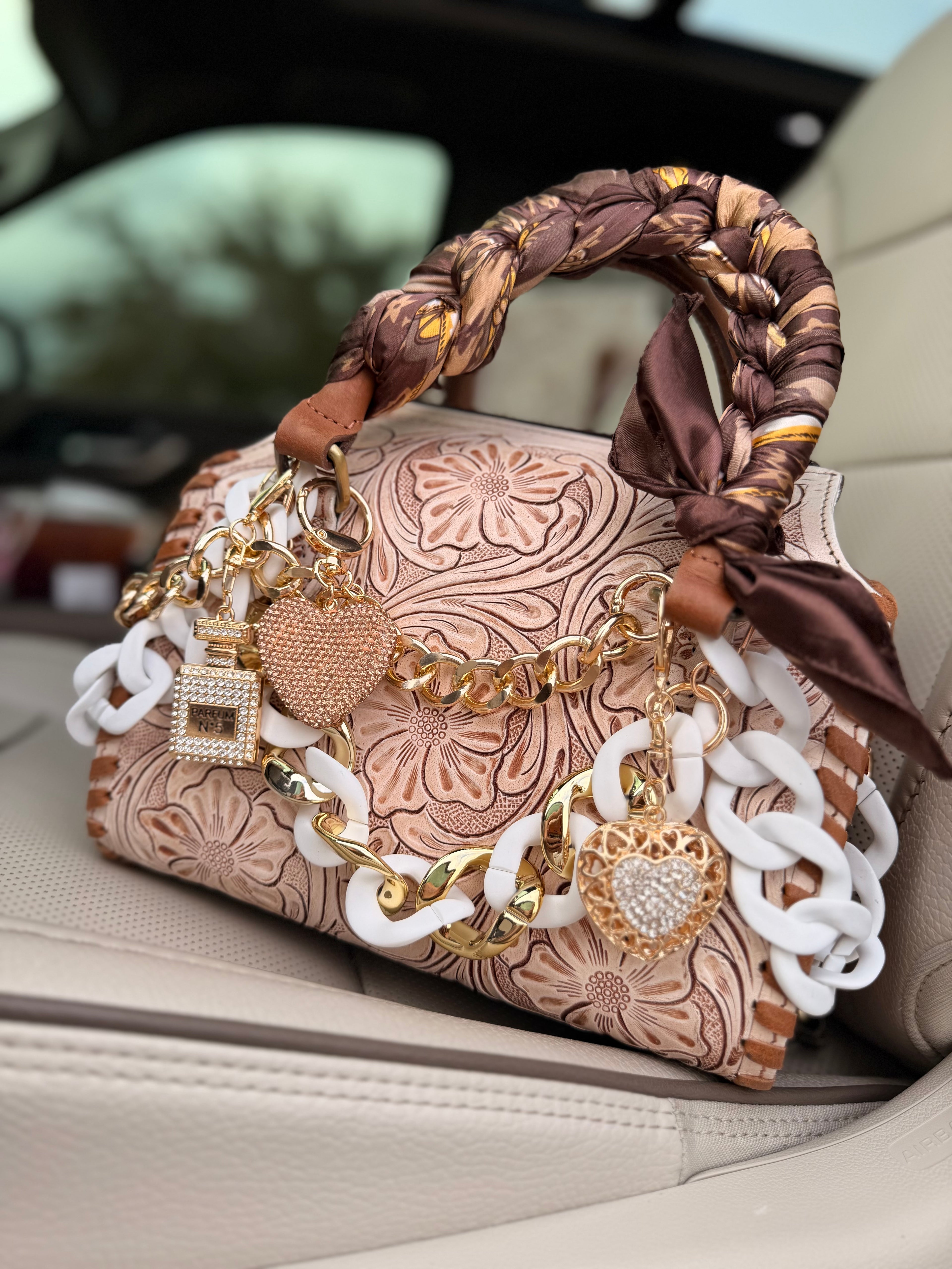 “ The Golden Cowgirl”- white/cream tooled leather speedy (M)