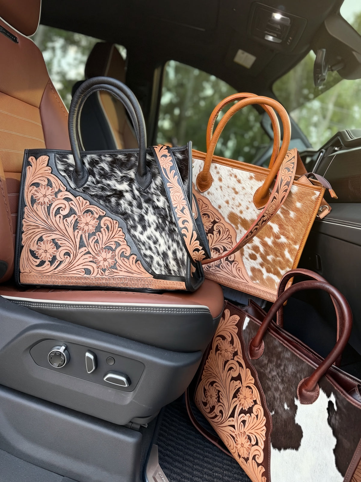 Tooled crossbody / cowhide tote bag