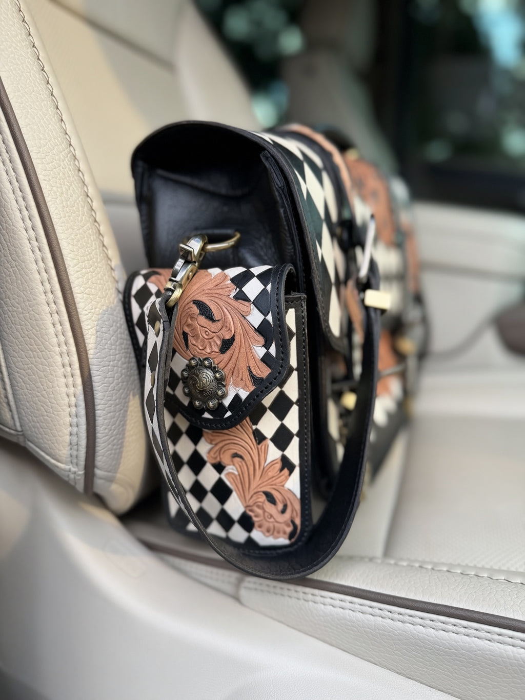 Laptop or overnight tooled leather -  black/white checker  bag