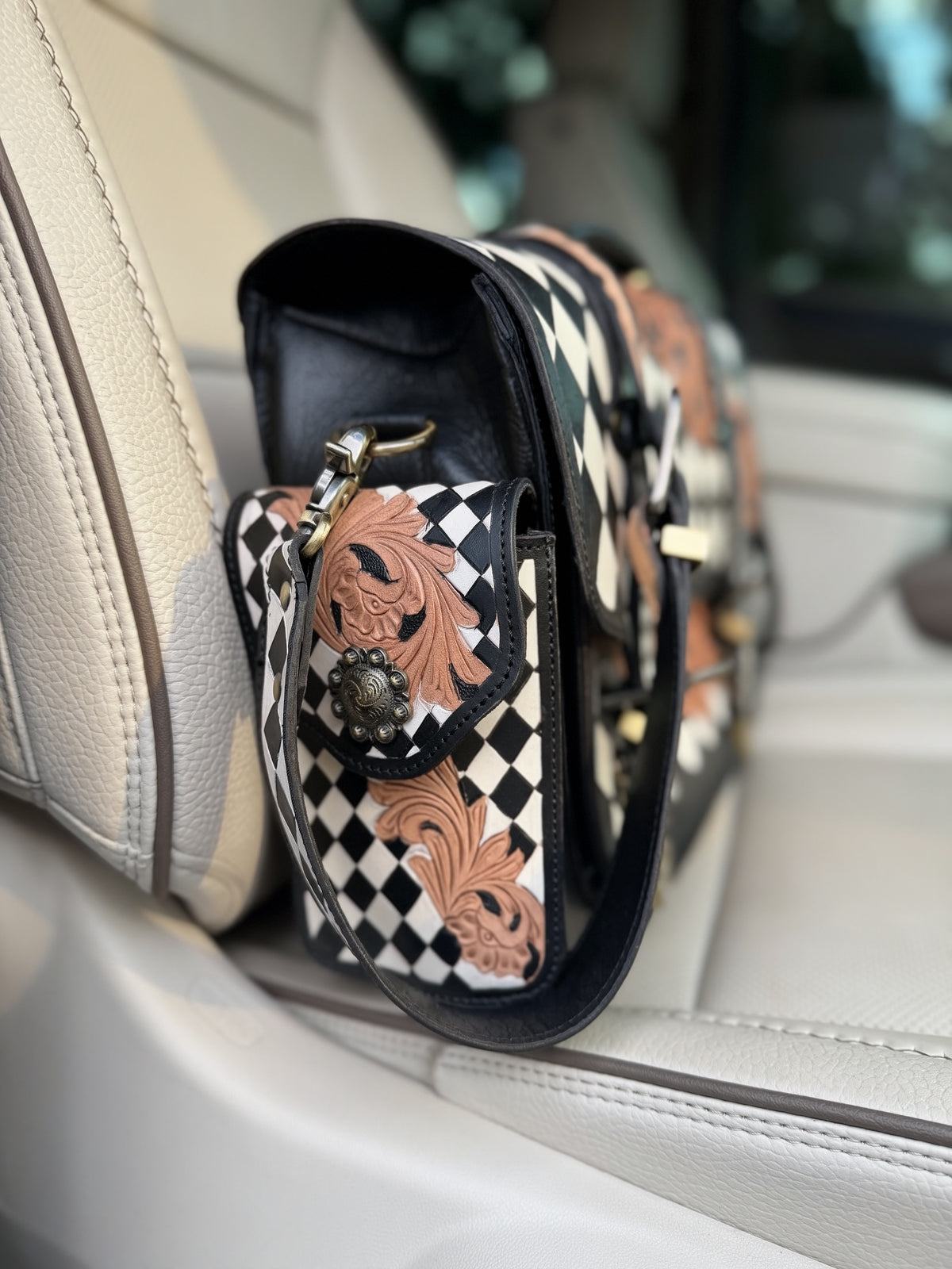 Laptop or overnight tooled leather -  black/white checker  bag