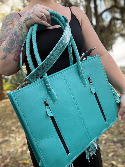 Teal tooled leather/ cowhide set