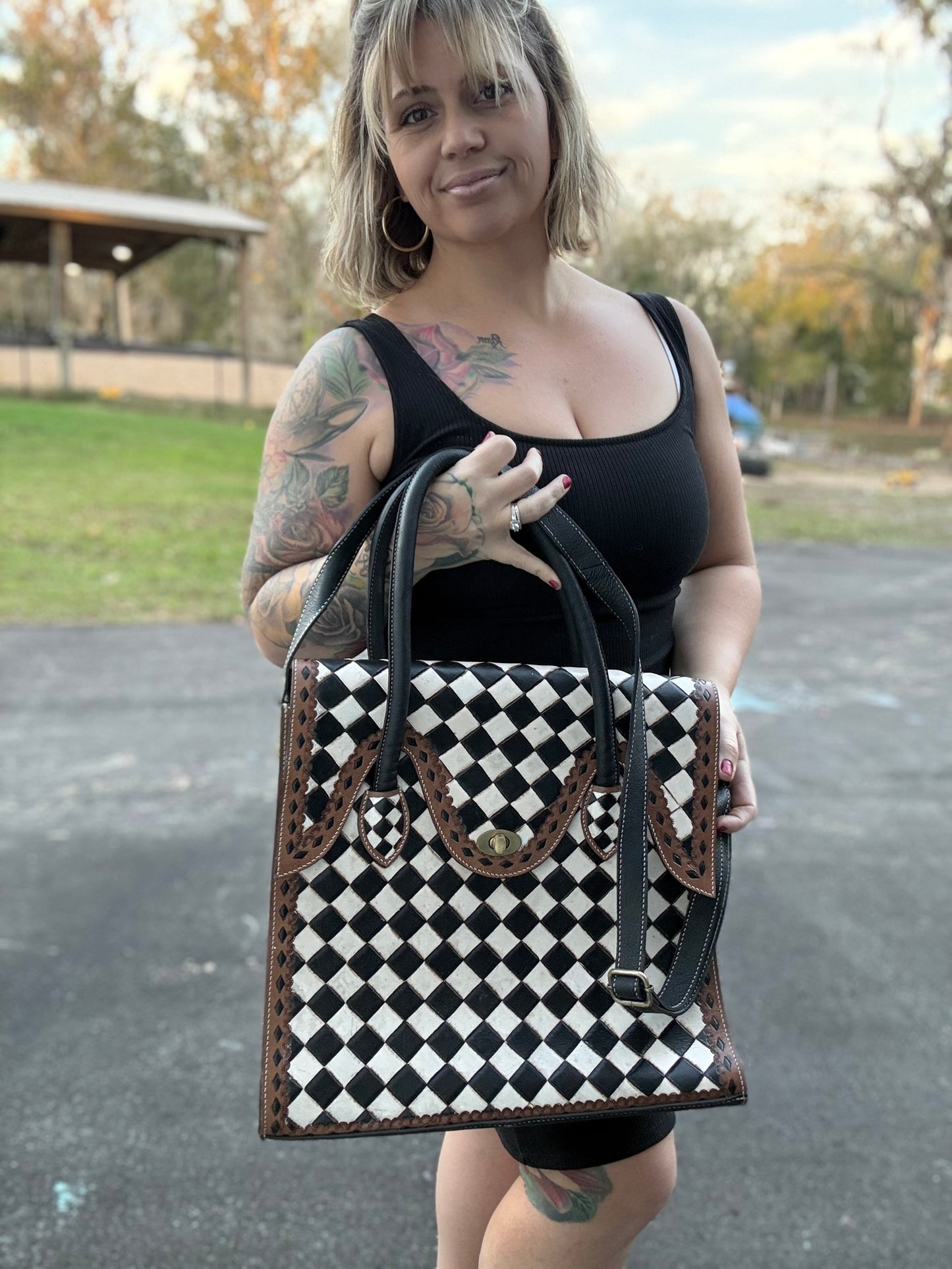 Large checker print tote bag