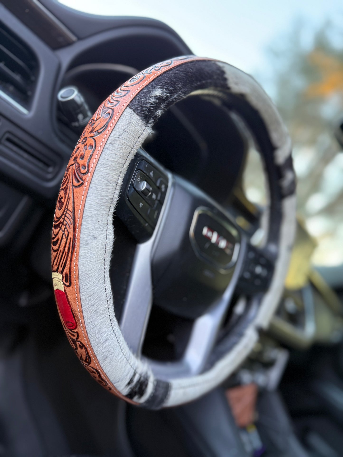 Country style 15.5 “ tooled leather cowhide steering wheel cover read description before purchase