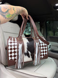 Brown/white checker tooled leather speedy duffle (L)
