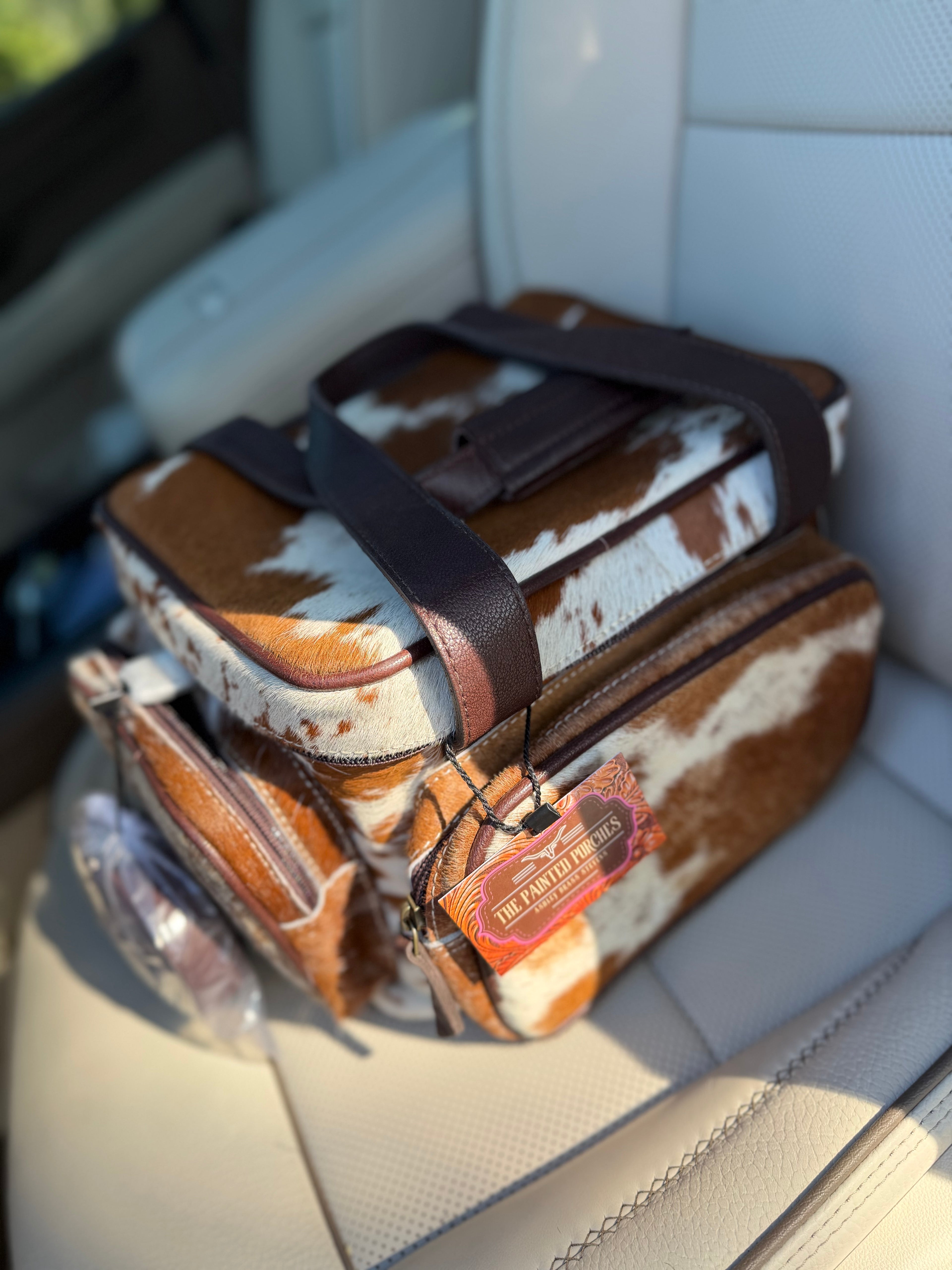 Brown and white Cowhide / leather Lunch bag