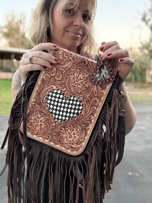 Checker print heart fringe purse and keychain set