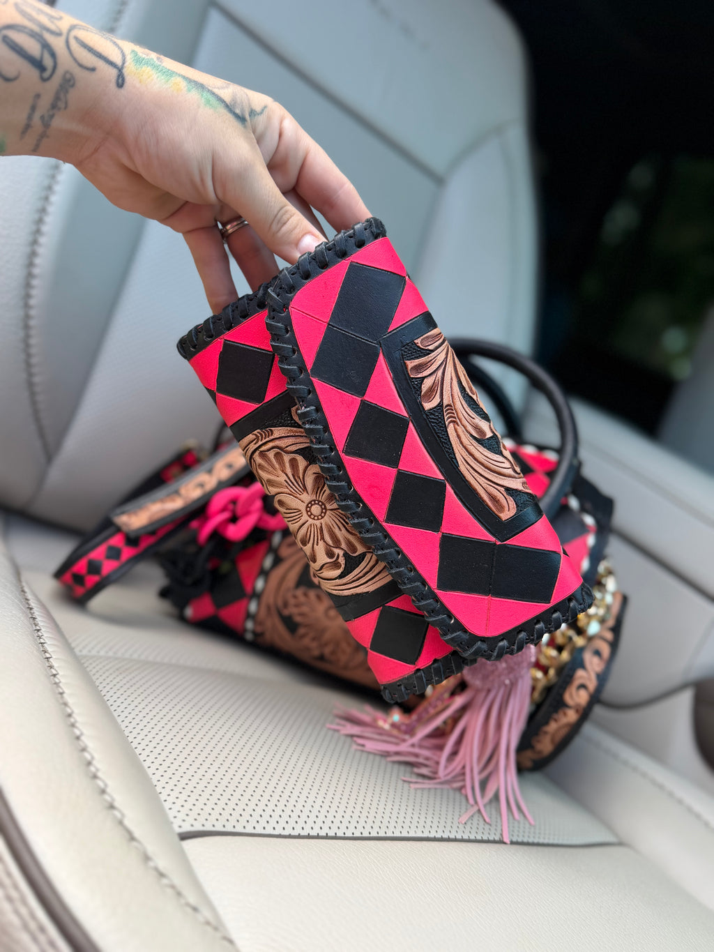 Hot pink/black checker tooled leather speedy (M) and wallet