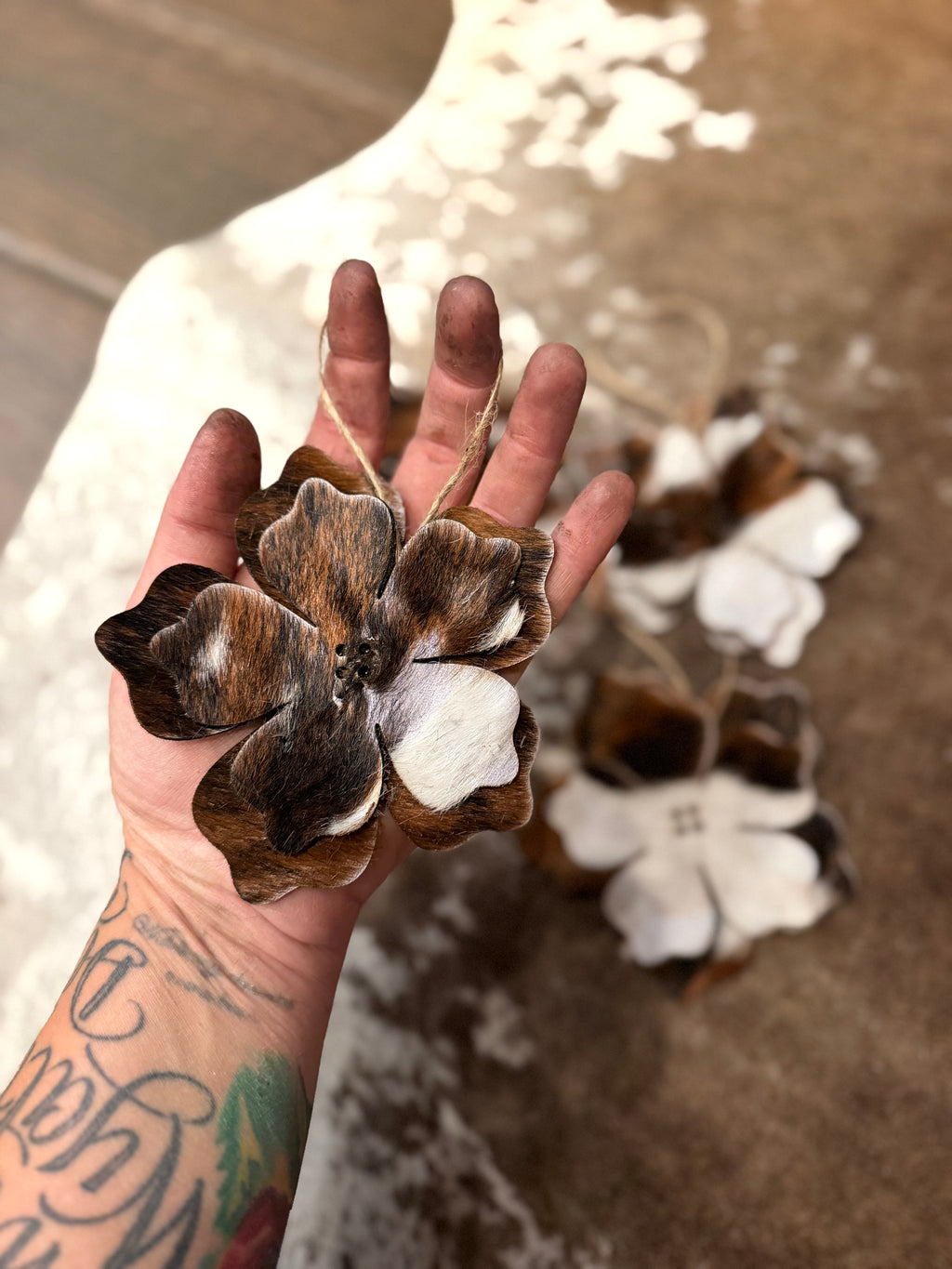 Large cowhide flower ornament set of 4