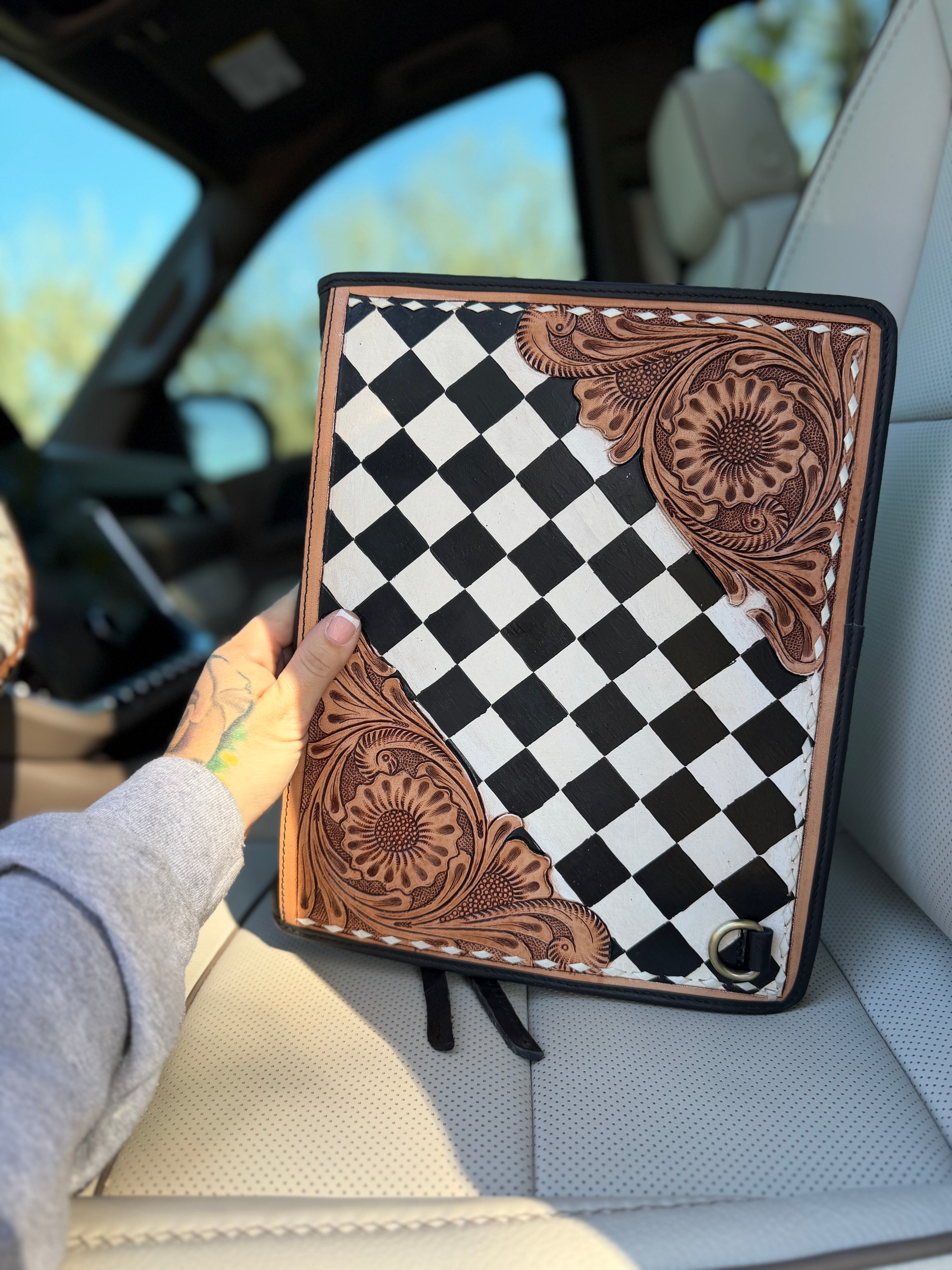Tooled leather checker print binder