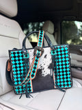 Cowhide and teal checker Tooled leather tote bag with fringe-