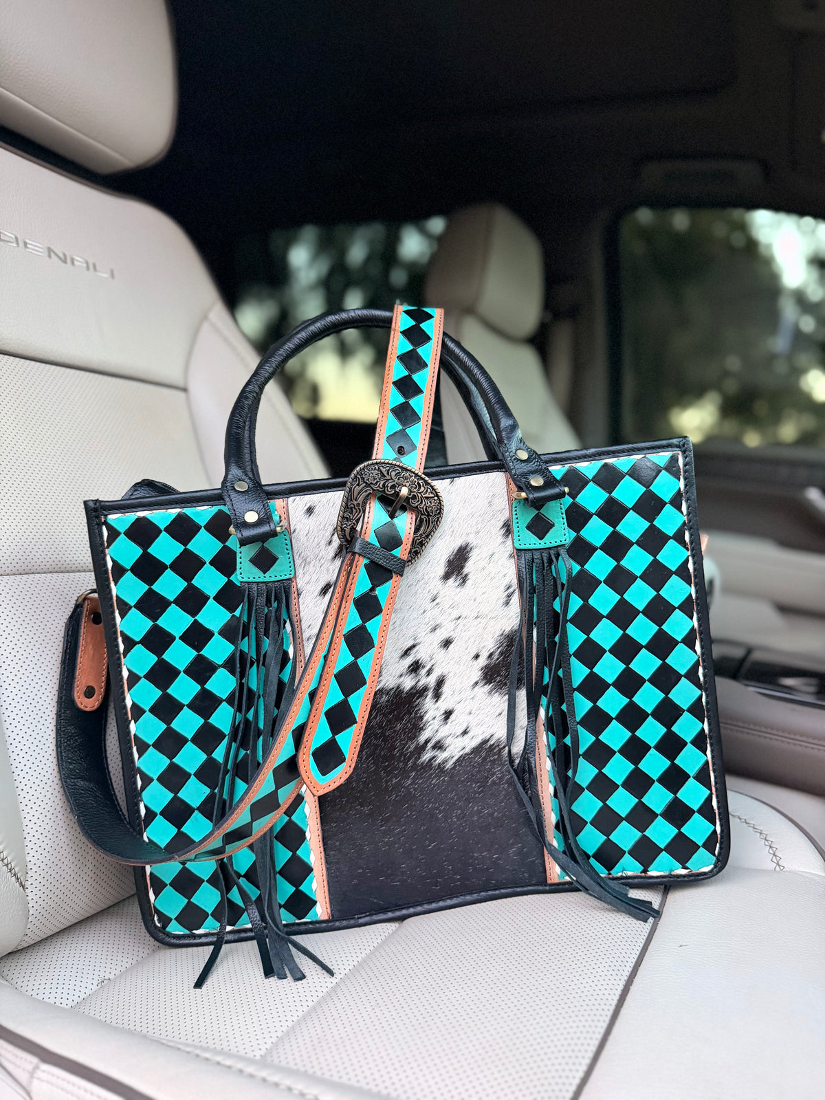Cowhide and teal checker Tooled leather tote bag with fringe-