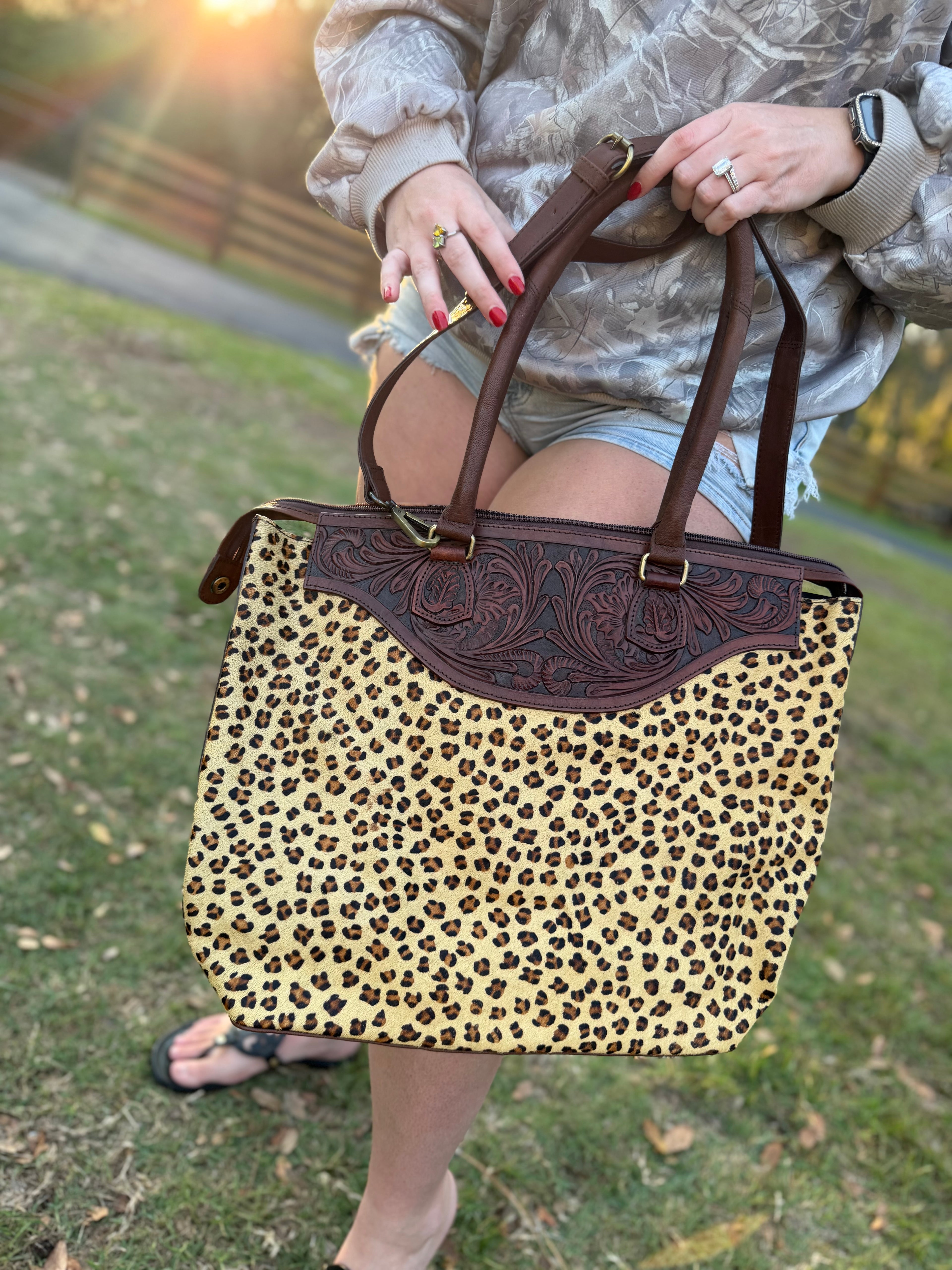 Cheetah print cowhide tote