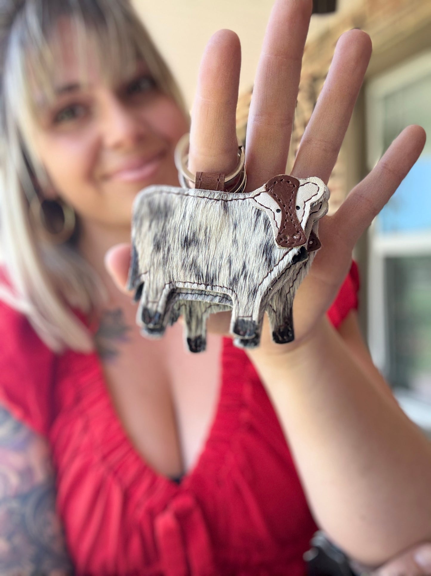 Cow shaped cowhide keychain