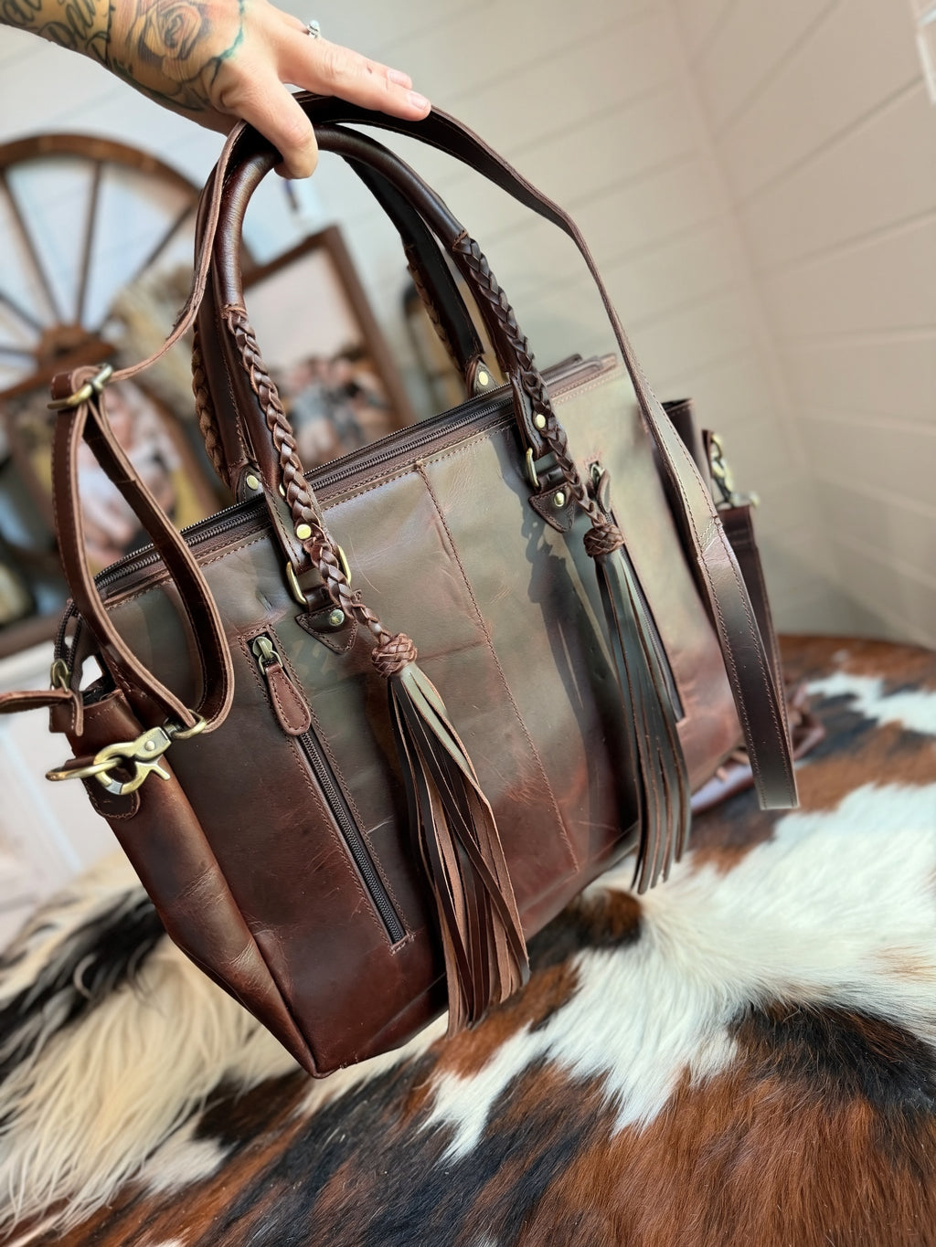 Cowhide Tooled leather tote bag with fringe