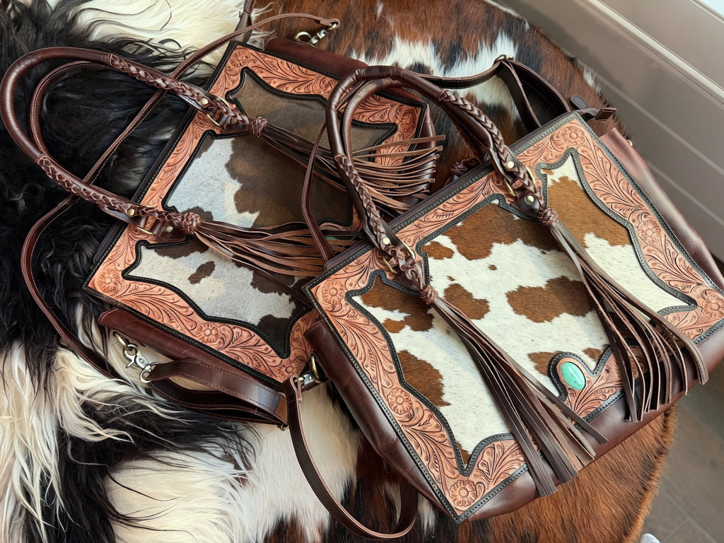 Cowhide Tooled leather tote bag with fringe