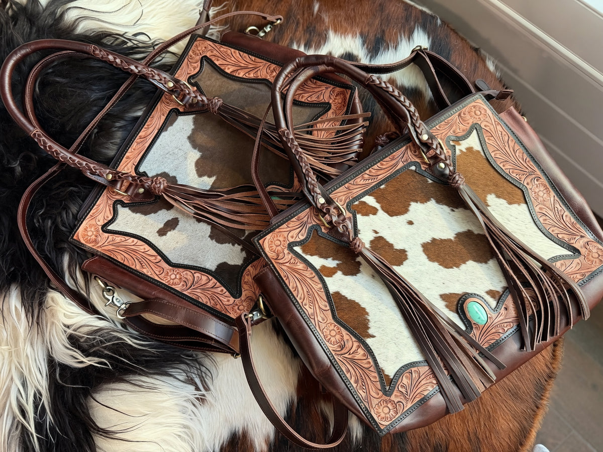 Cowhide Tooled leather tote bag with fringe