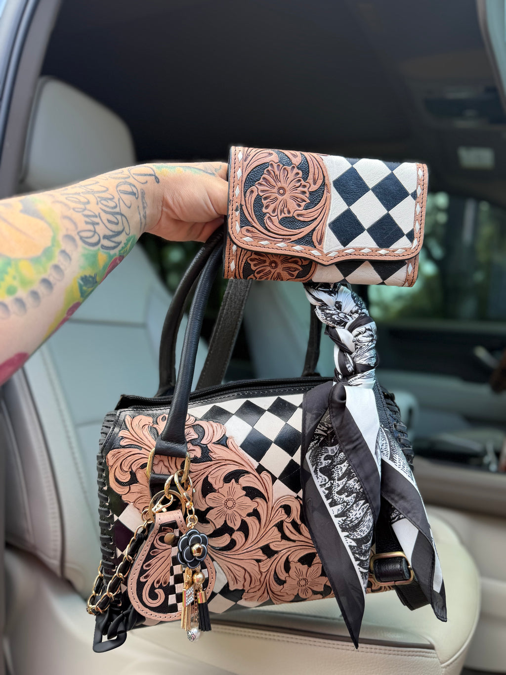 Classy checks set tooled leather speedy (M) with wallet