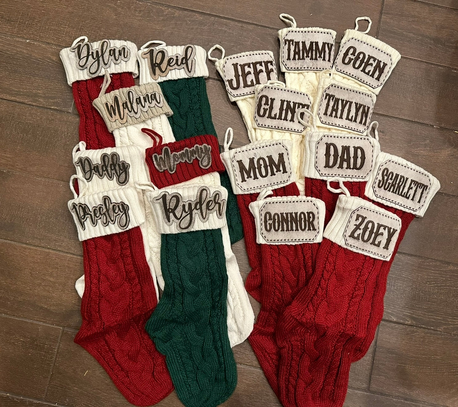 Knit stockings with cowhide name patch