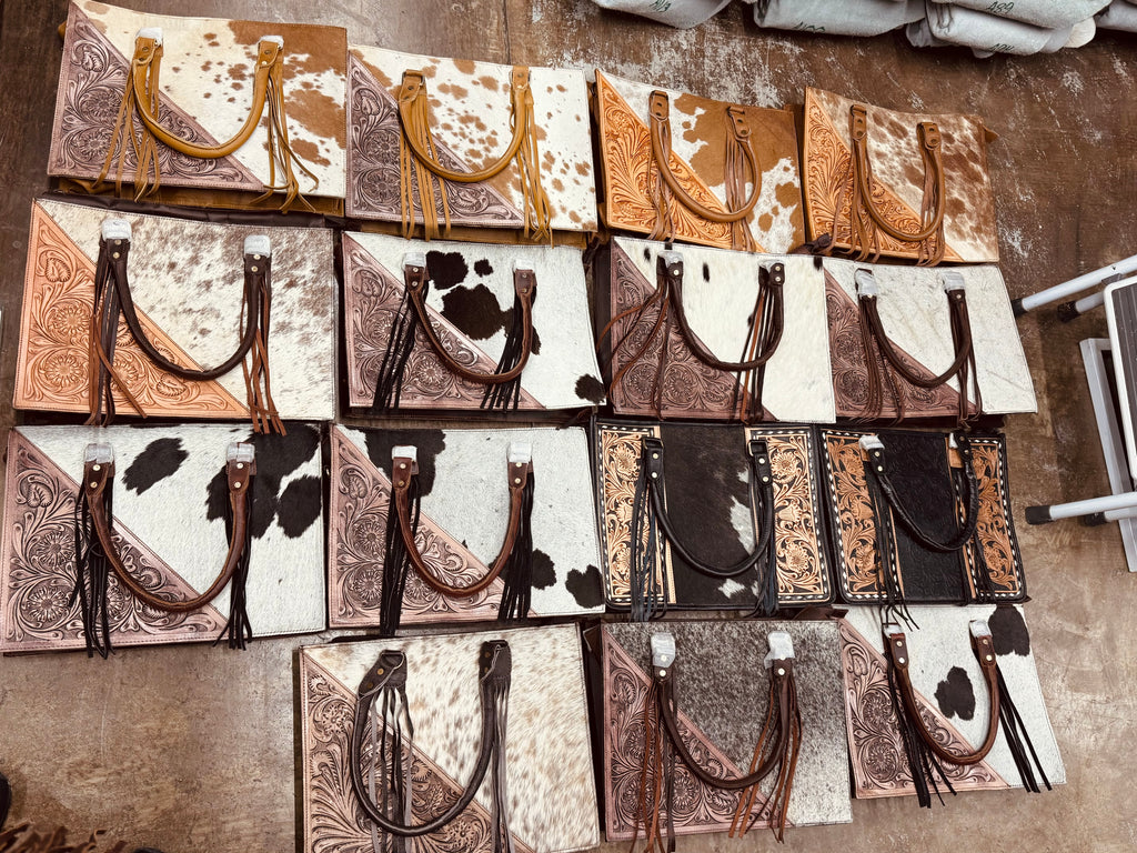 Cowhide and tooled leather purse - 16”x12“