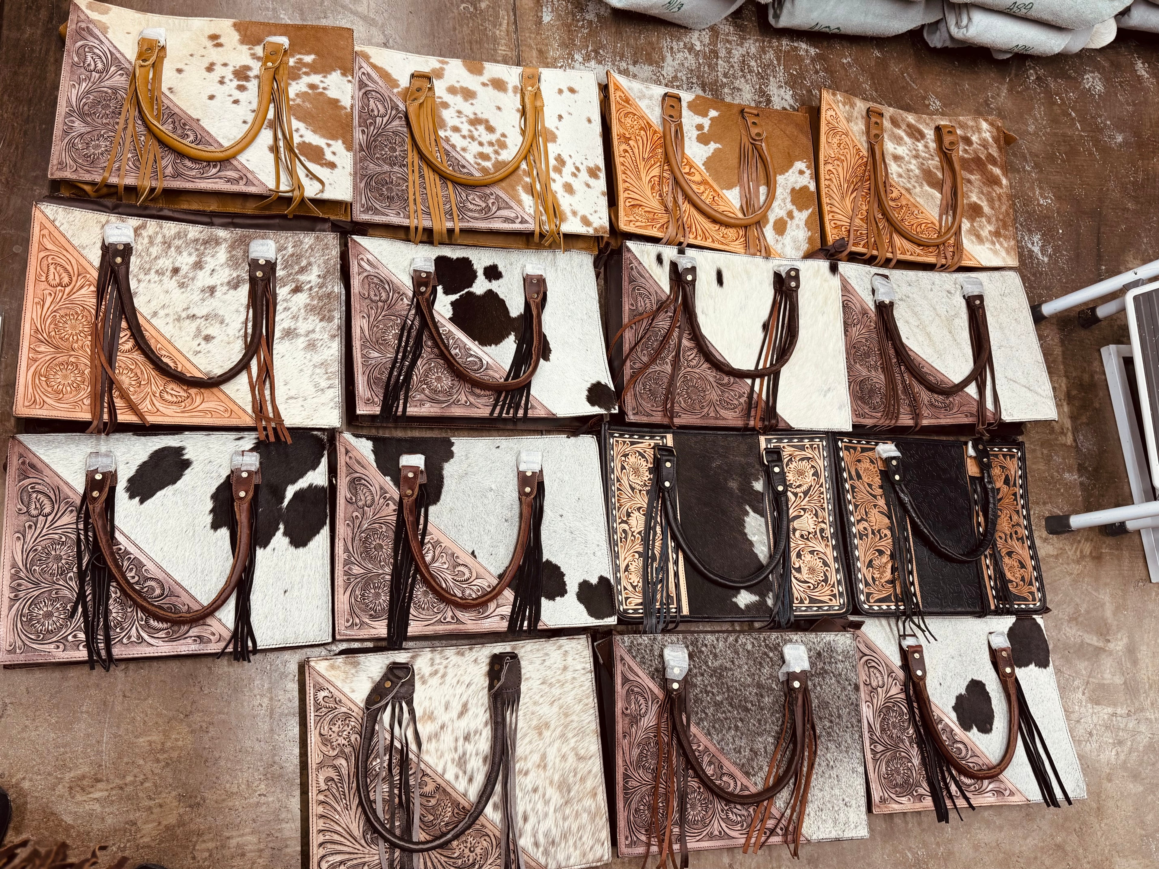 Cowhide and tooled leather purse - 16”x12“