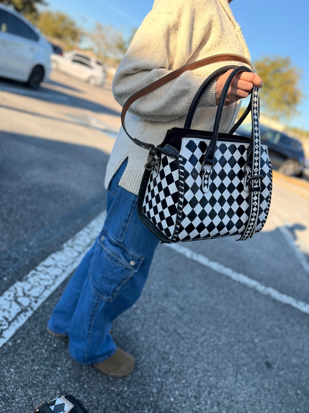 High-quality  checker, print, hand-painted tooled leather speedy (Medium)