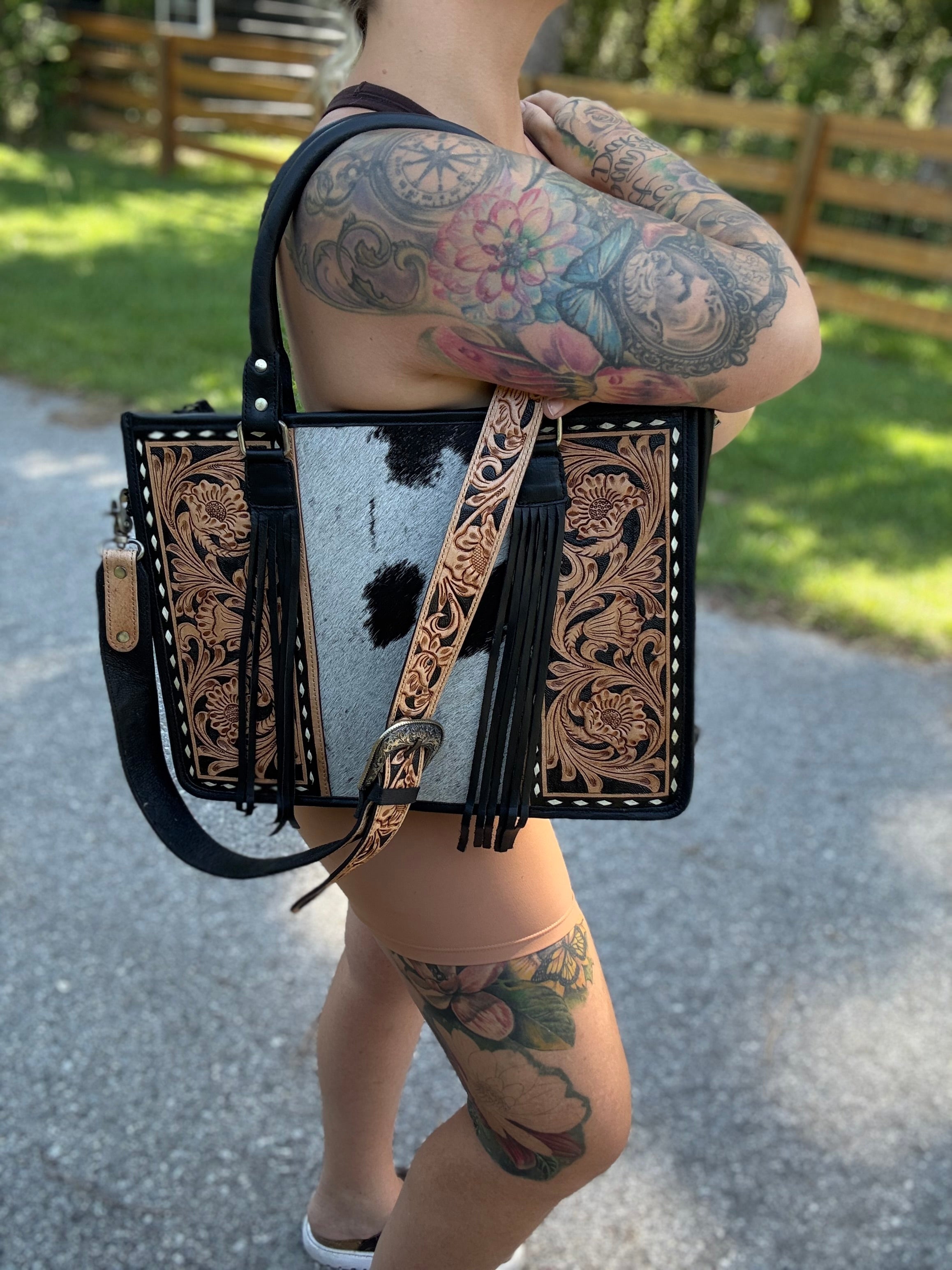 Tooled learher tote bag with fringe - dark