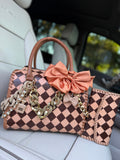 “Southern Queen“ peanut butter checker tooled leather speedy (L) by the Painted Porches