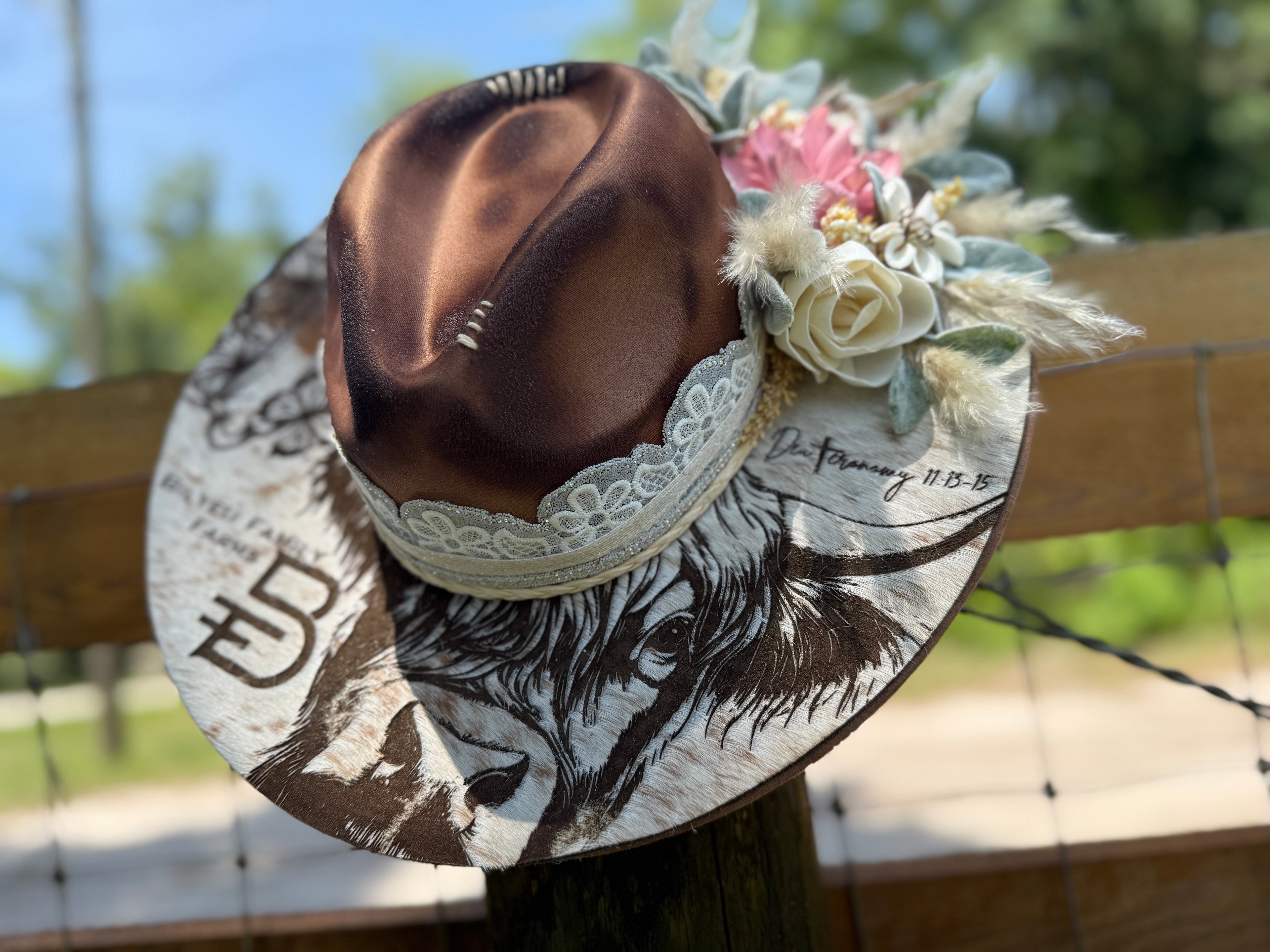 Engraved cowhide hat - farm logo/brand