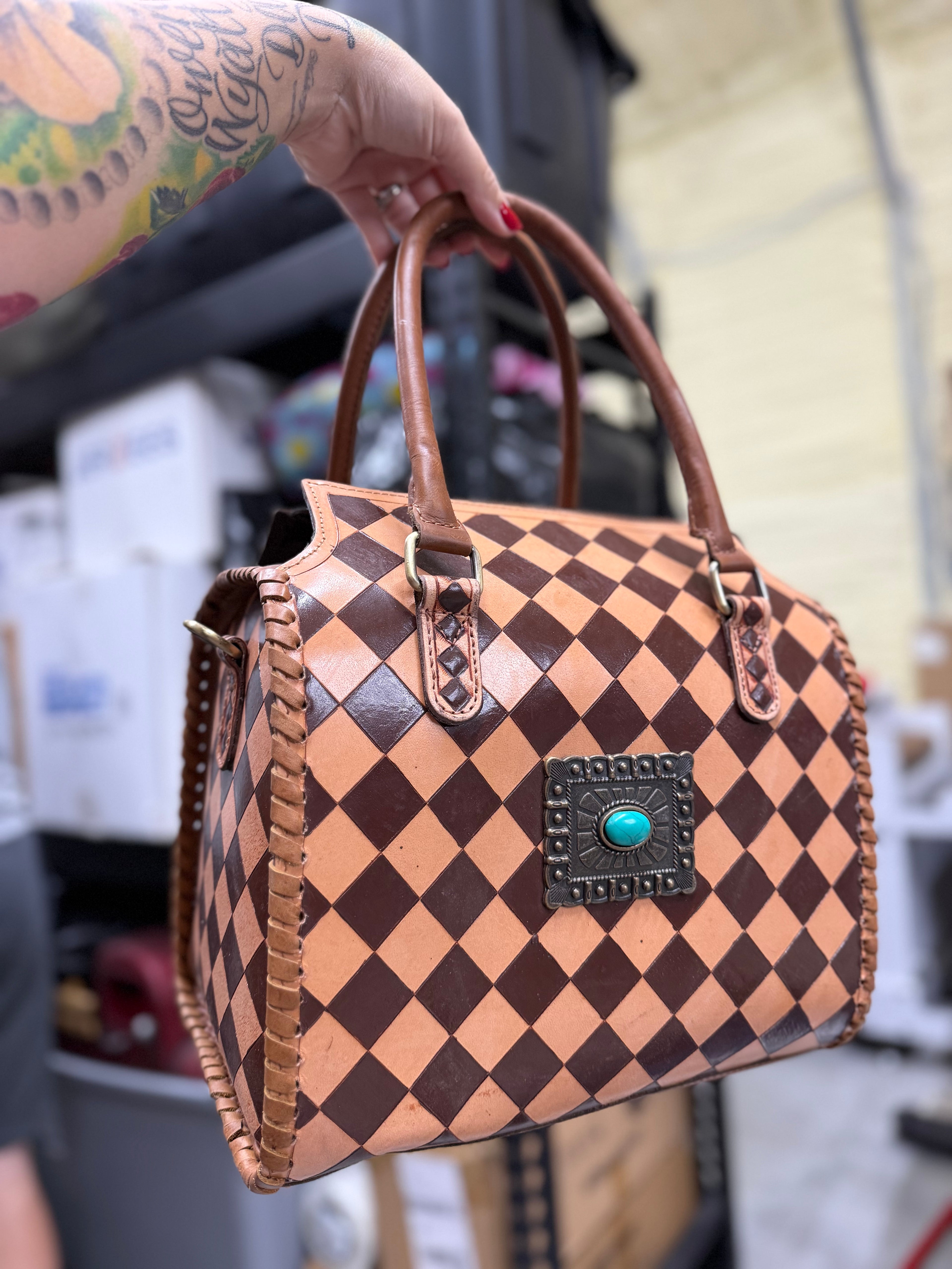 Peanut butter checker tooled leather speedy bag (L) - exclusive