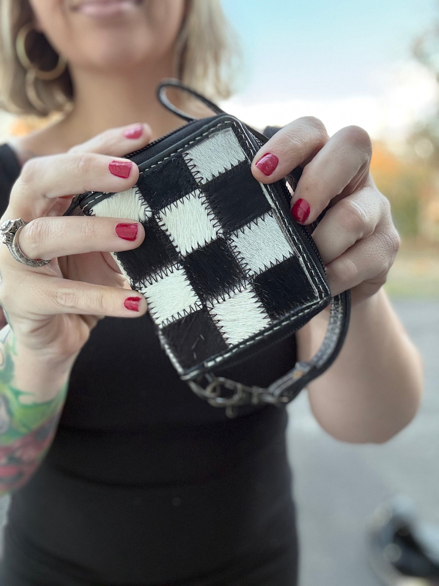 Mini checker print cowhide wallet