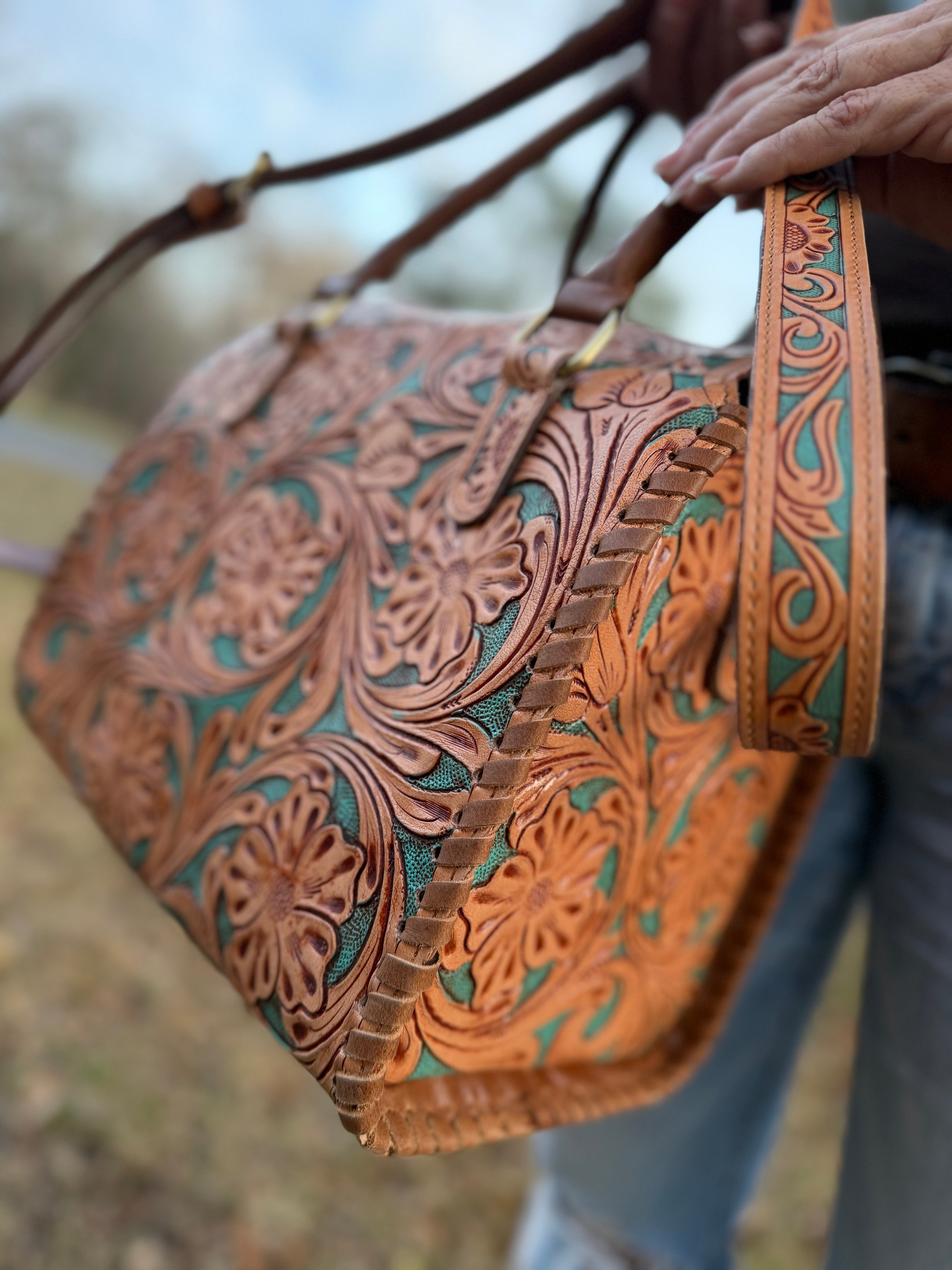 Brown/turquoise tooled leather speedy (L)