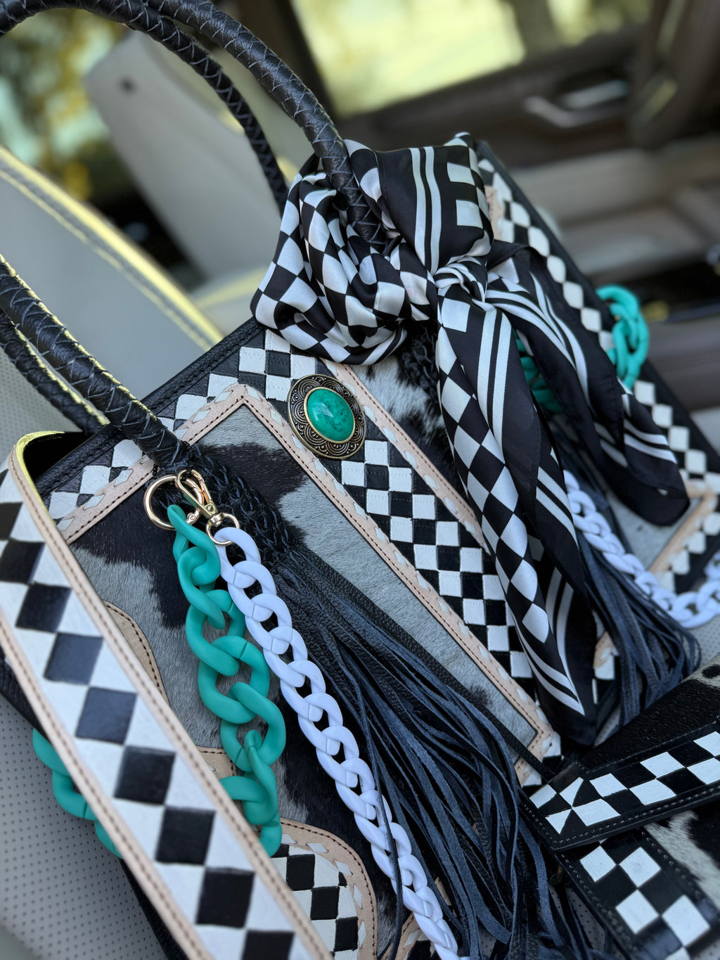 "Queens End Game" - checker/tooled leather tote(bag only)