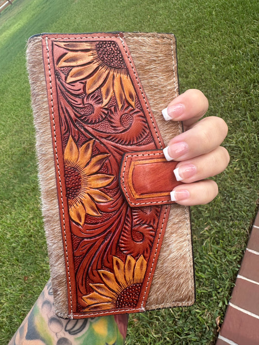 Sunflower tooled leather and cowhide Wallet