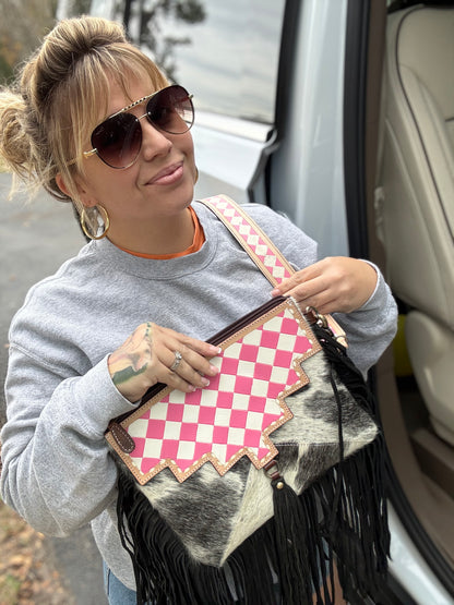 Pink checker tooled leather/ cowhide