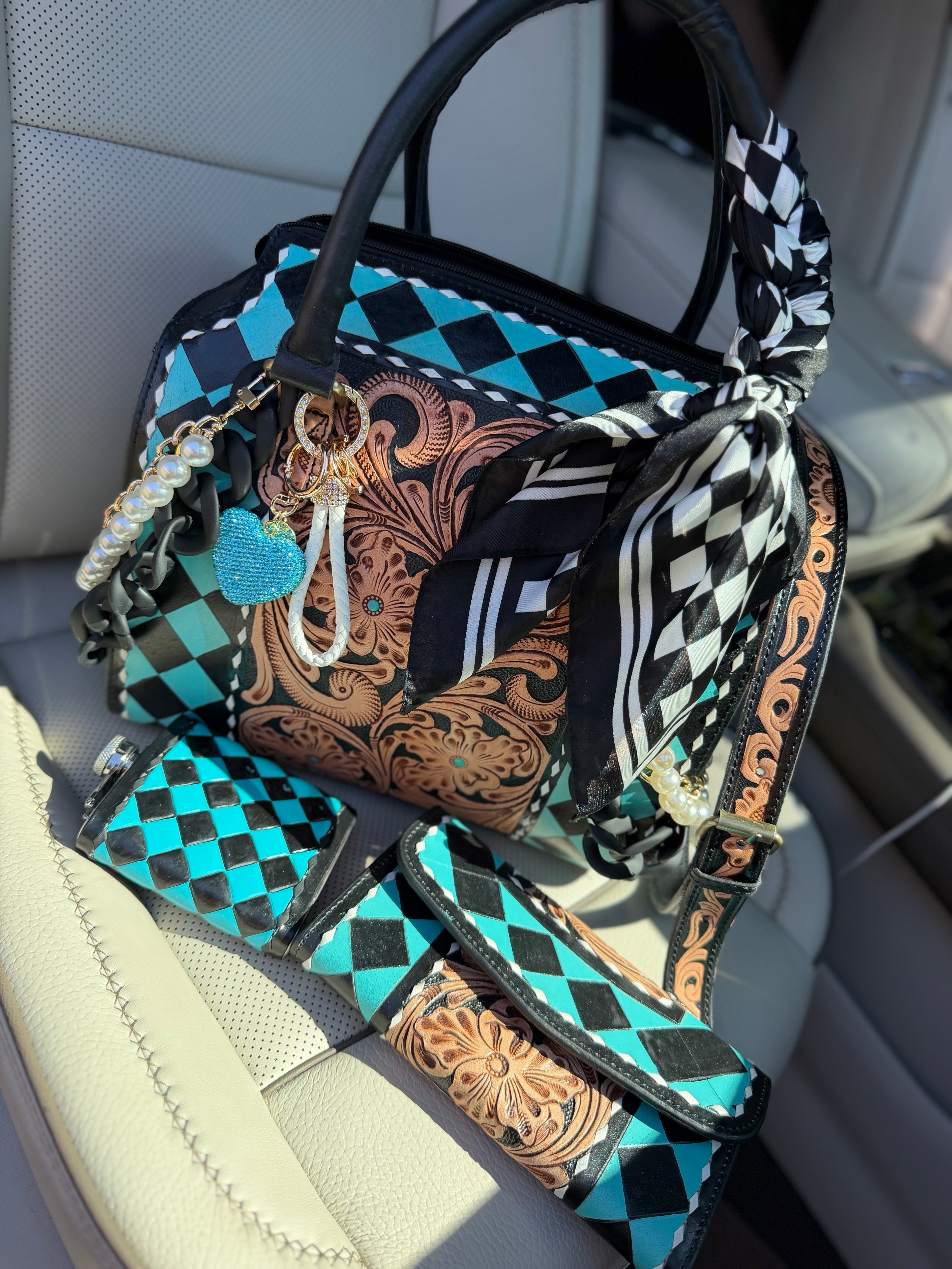 “The Blue Diamond” turquoise/Black checker & tooled leather speedy (L) by the Painted Porches
