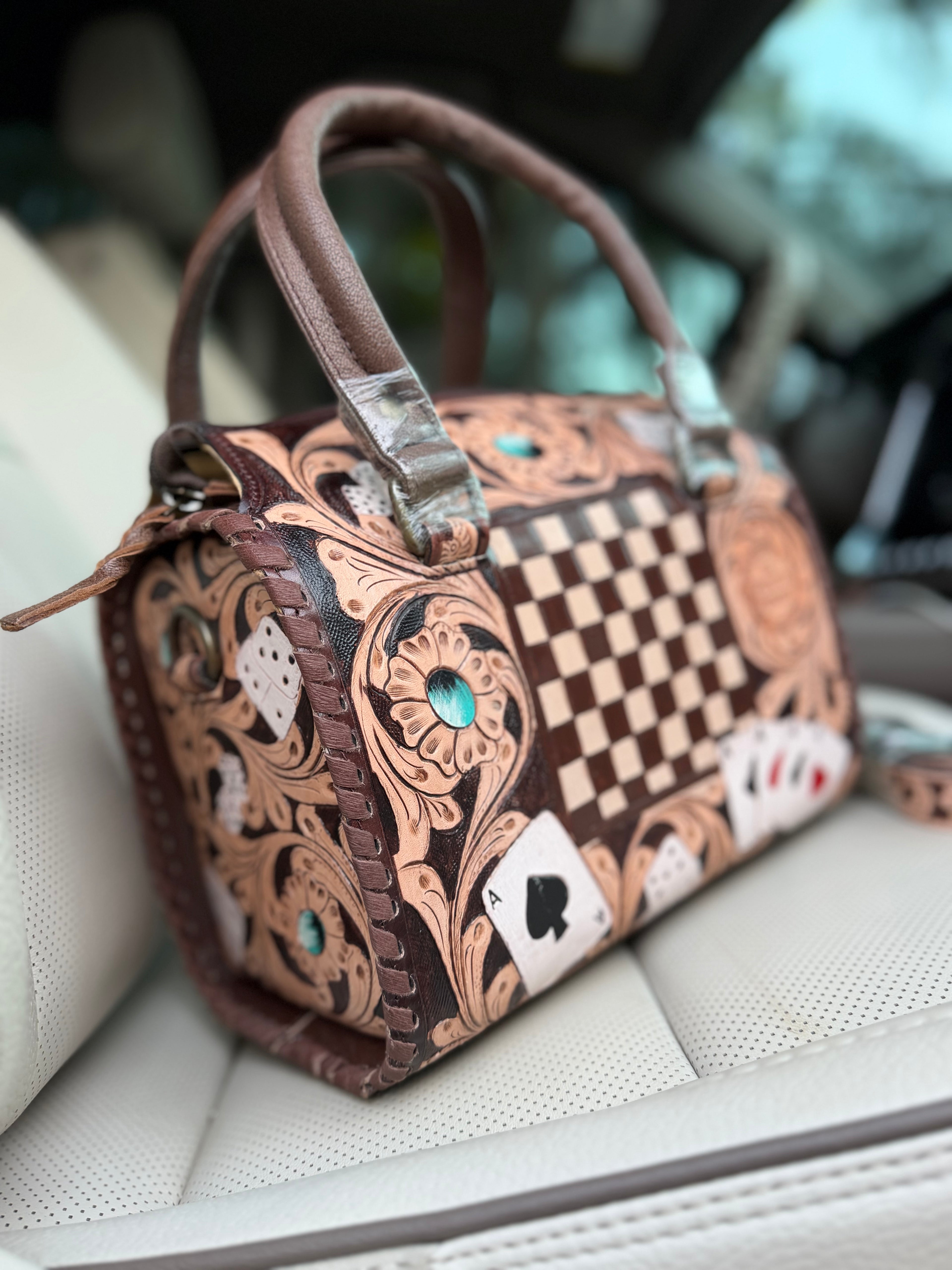“Brown Royal Flush” tooled leather speedy (M)