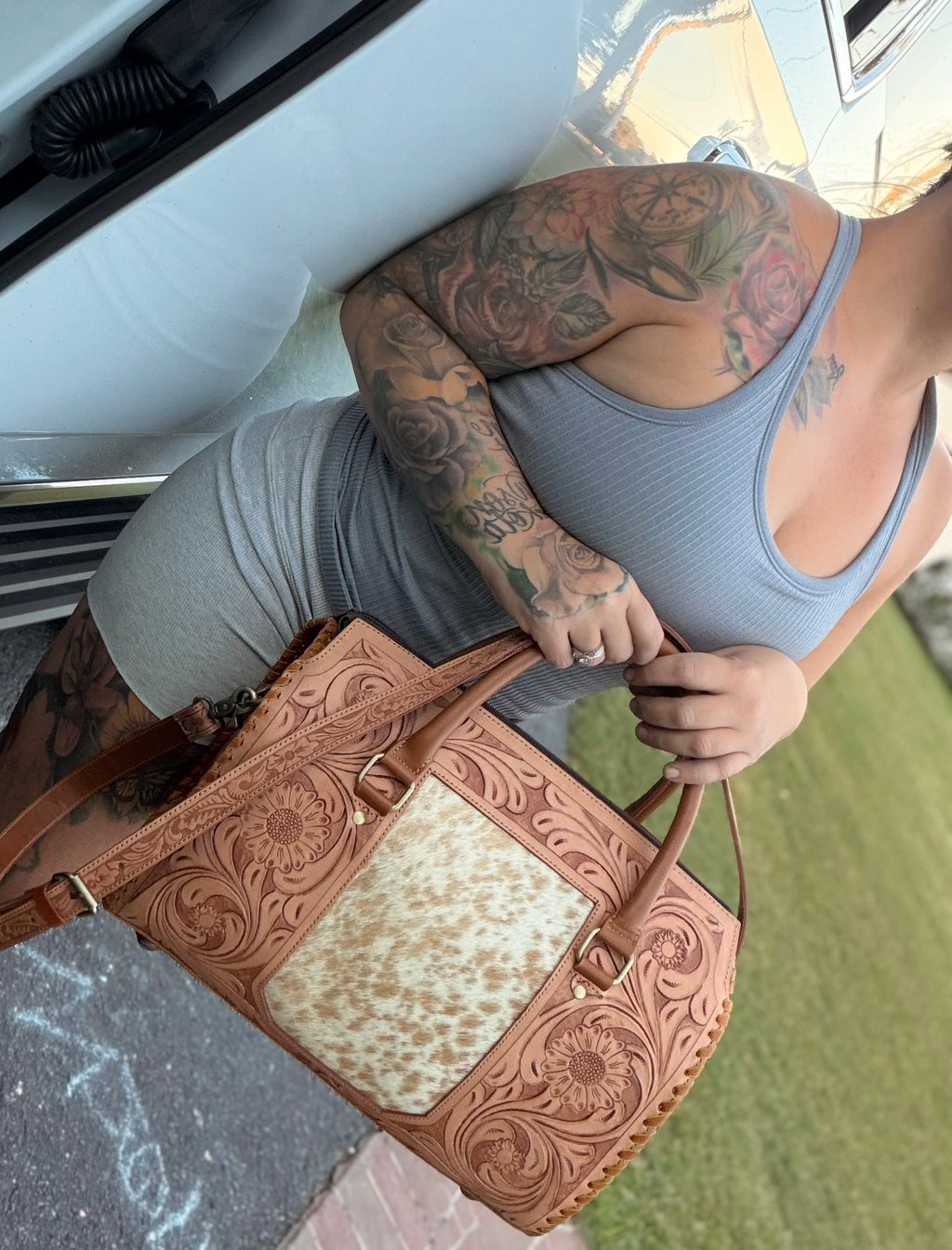 Cowhide tooled leather speedy duffle (L)