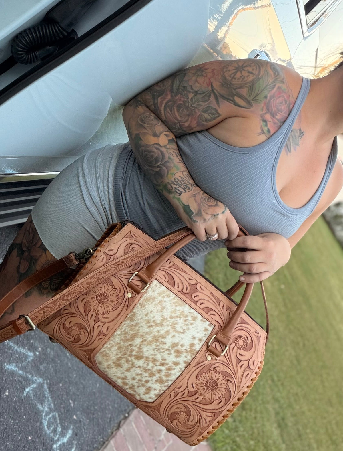 Cowhide tooled leather speedy duffle (L)