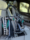 "Queens End Game" - checker/tooled leather tote(bag only)