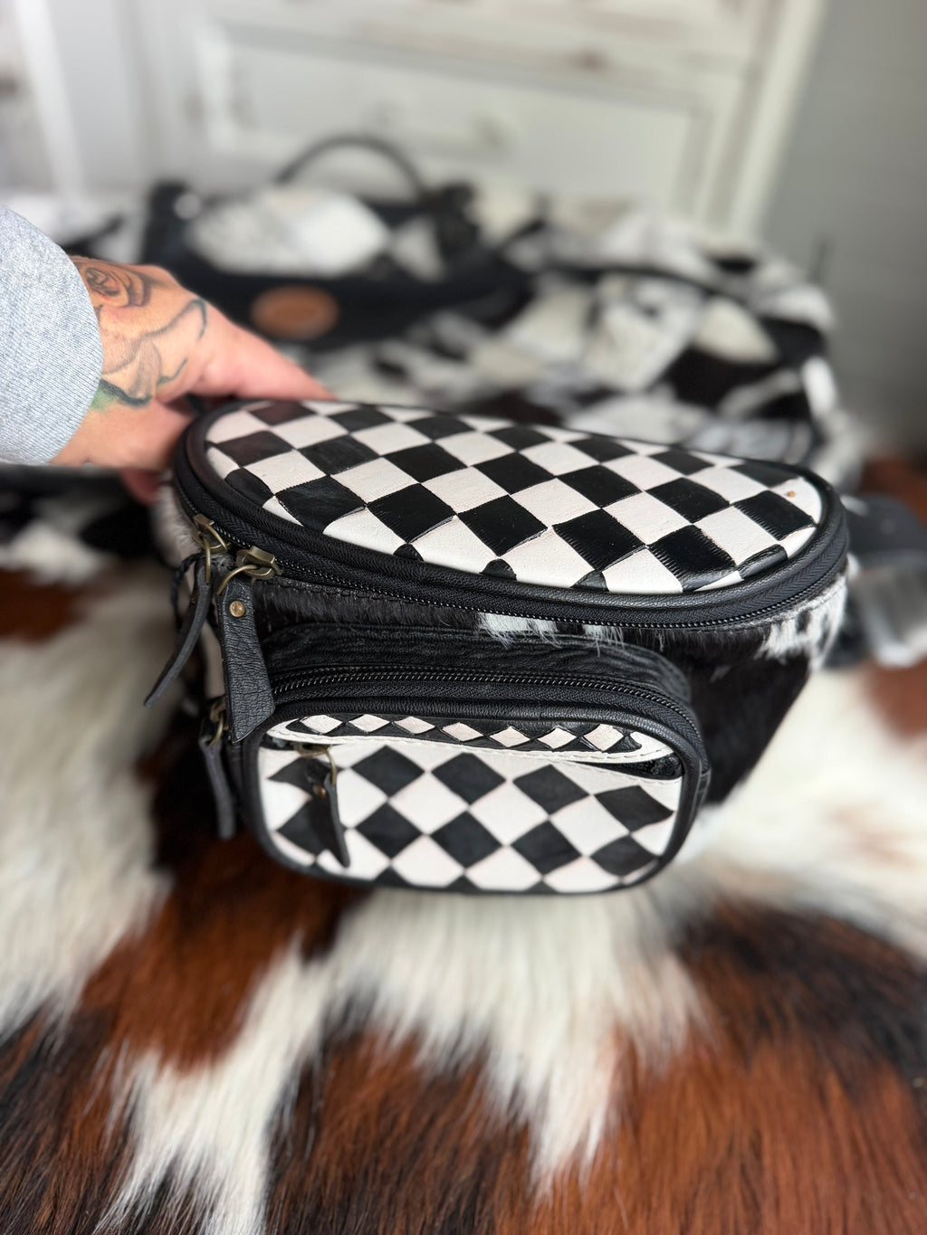 Hand painted checker tooled leather bum bag