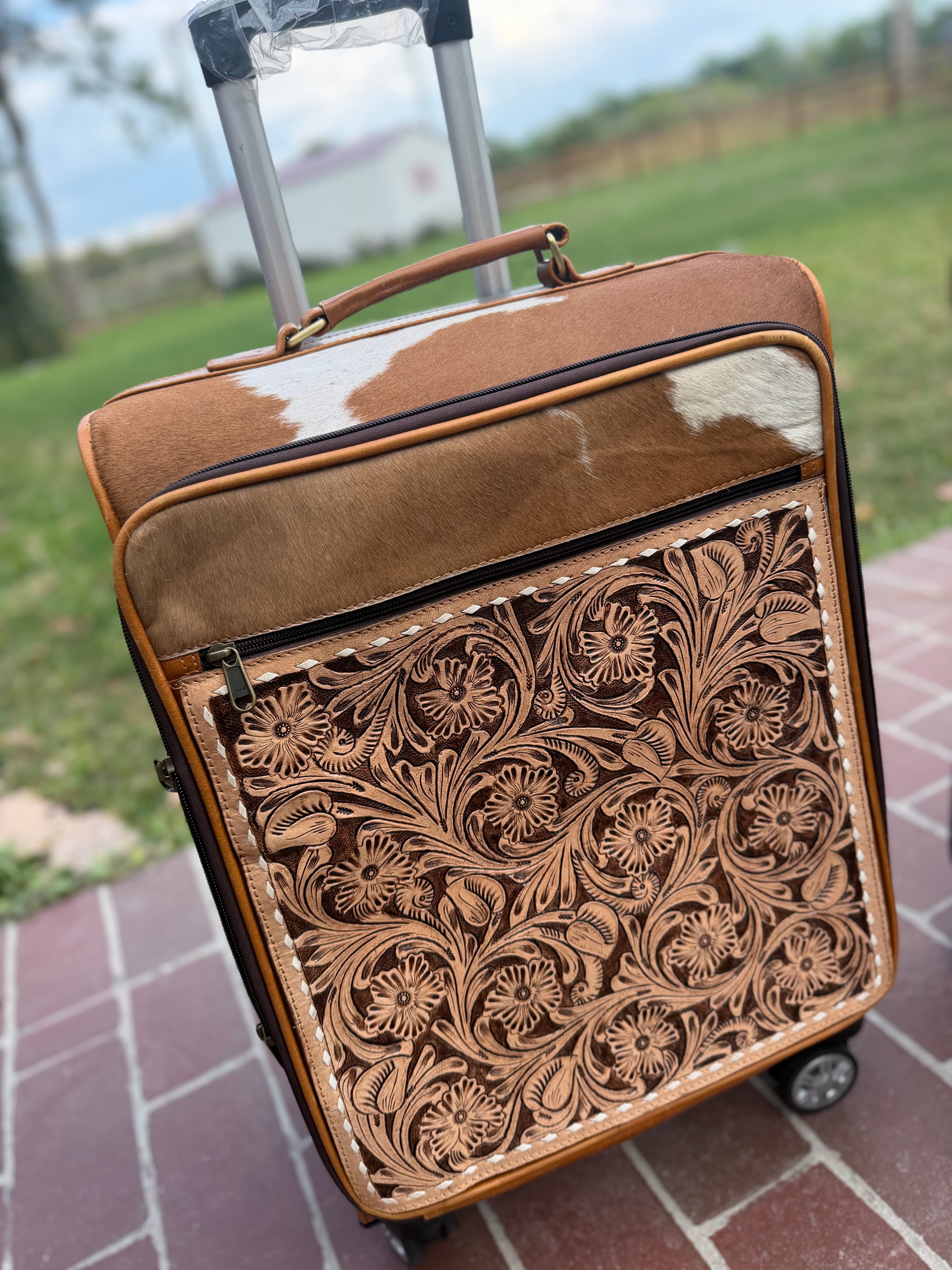 Suitcase - tooled leather and cowhide